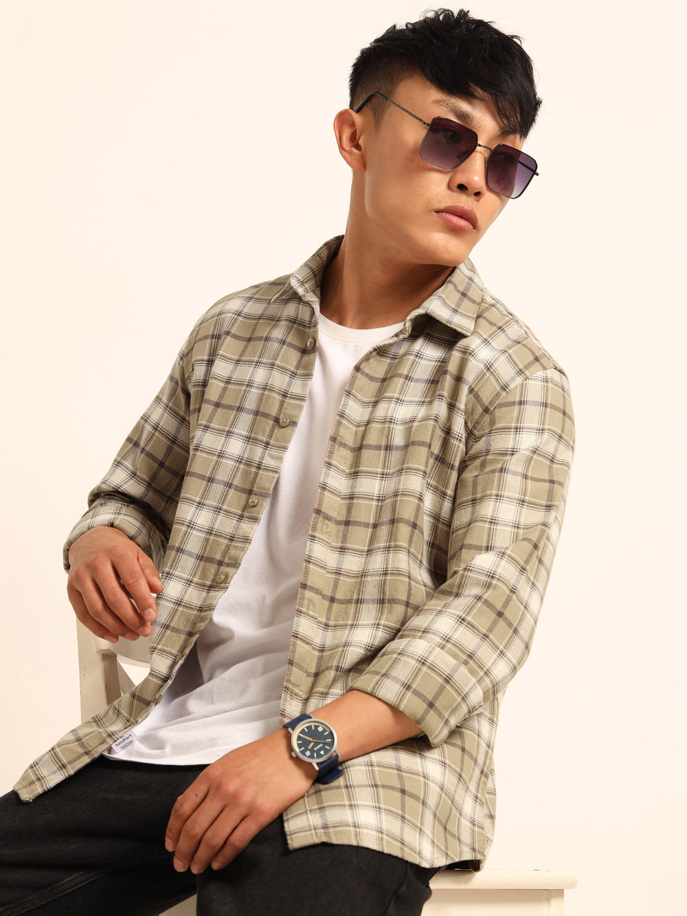 Beige Regular Fit Check Shirt Checks Shirt Bushirt