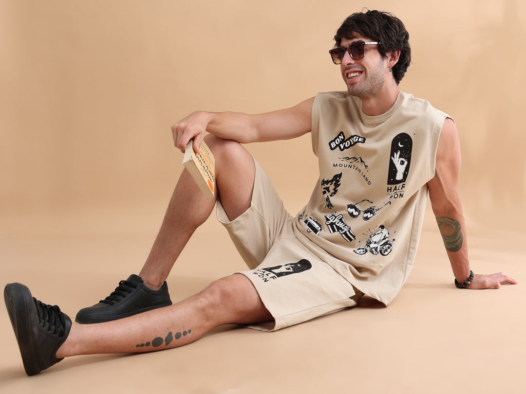 Beige Printed Oversized Sleeveless Co-Ords Oversize Co-ords Bushirt