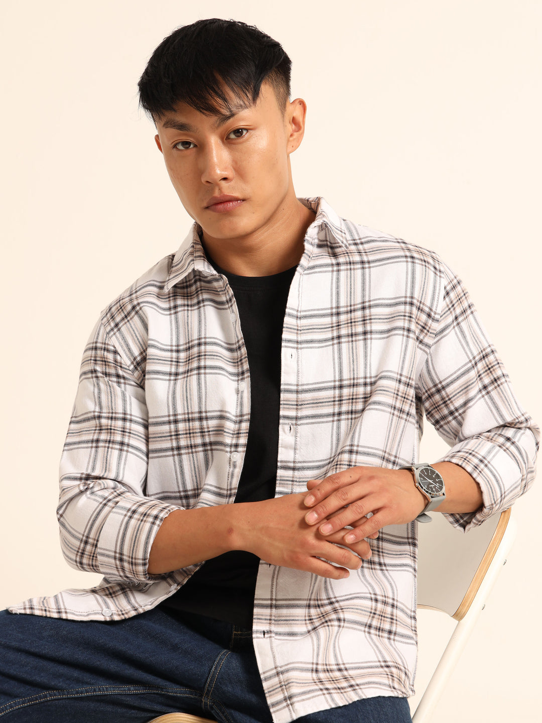 White Regular Fit Check Shirt Checks Shirt Bushirt