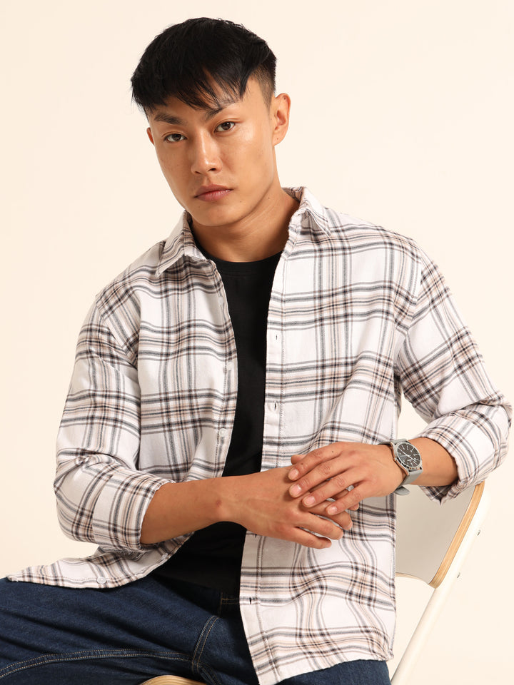 White Regular Fit Check Shirt Checks Shirt Bushirt