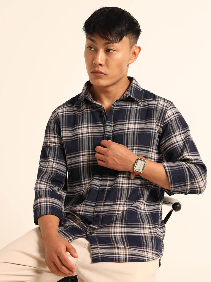Navy Blue Regular Fit Check Shirt Checks Shirt Bushirt