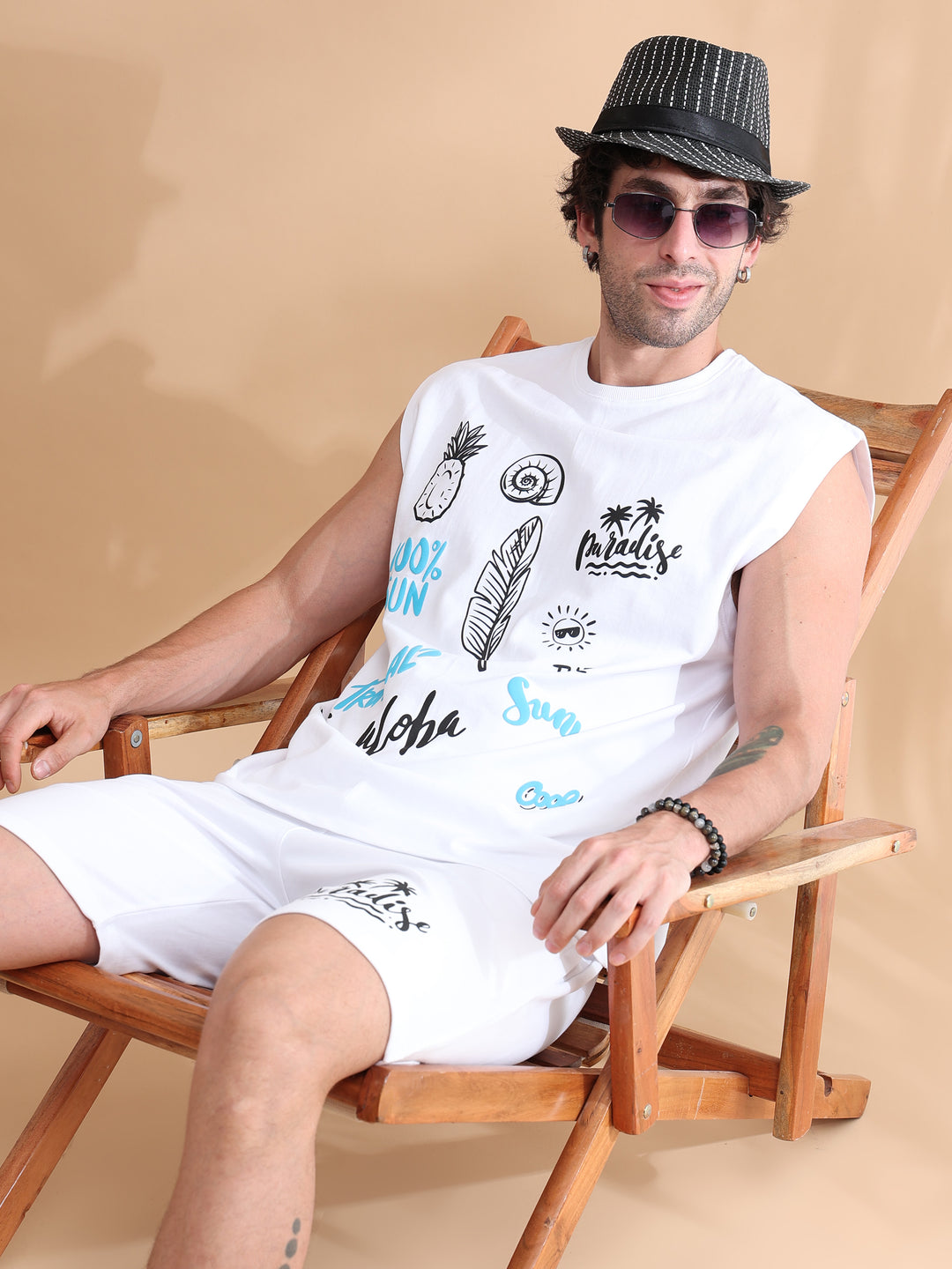 White Printed Oversized Sleeveless Co-Ords Oversize Co-ords Bushirt