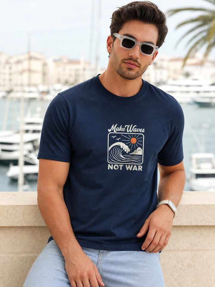 Make Waves Not War Navy Blue Classic Fit T-Shirt Graphic T-Shirts Bushirt