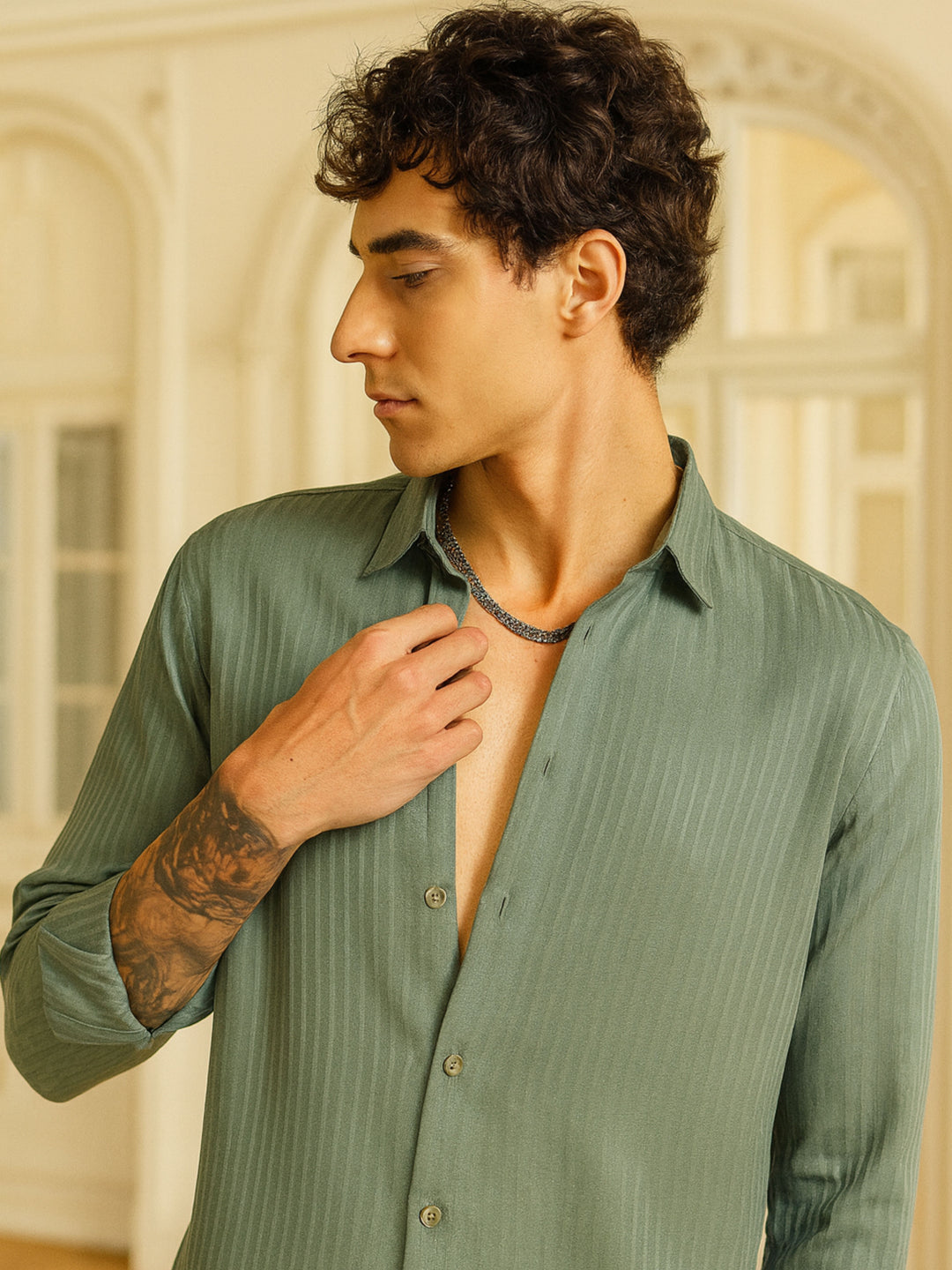 Green Regular Fit Textured Shirt Structured Shirt Bushirt