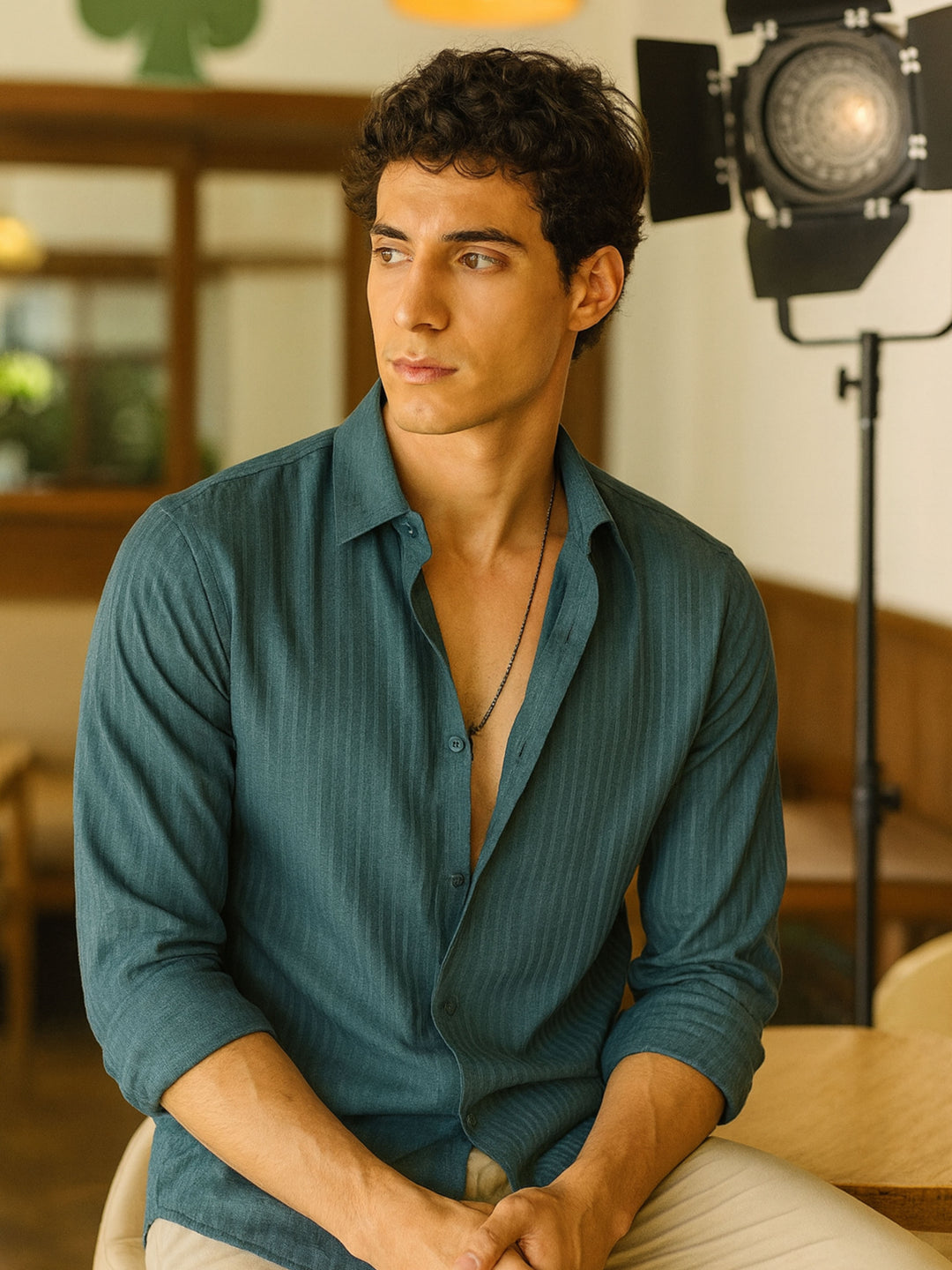 Teal Green Regular Fit Textured Shirt Structured Shirt Bushirt