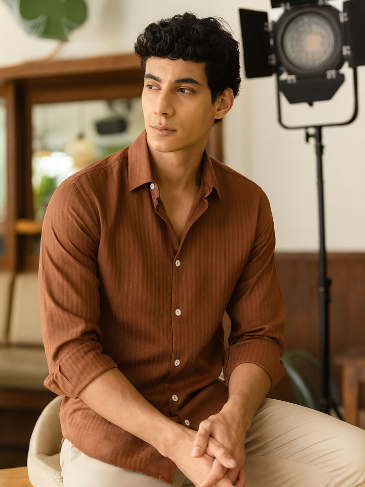 Rust Brown Regular Fit Textured Shirt Structured Shirt Bushirt