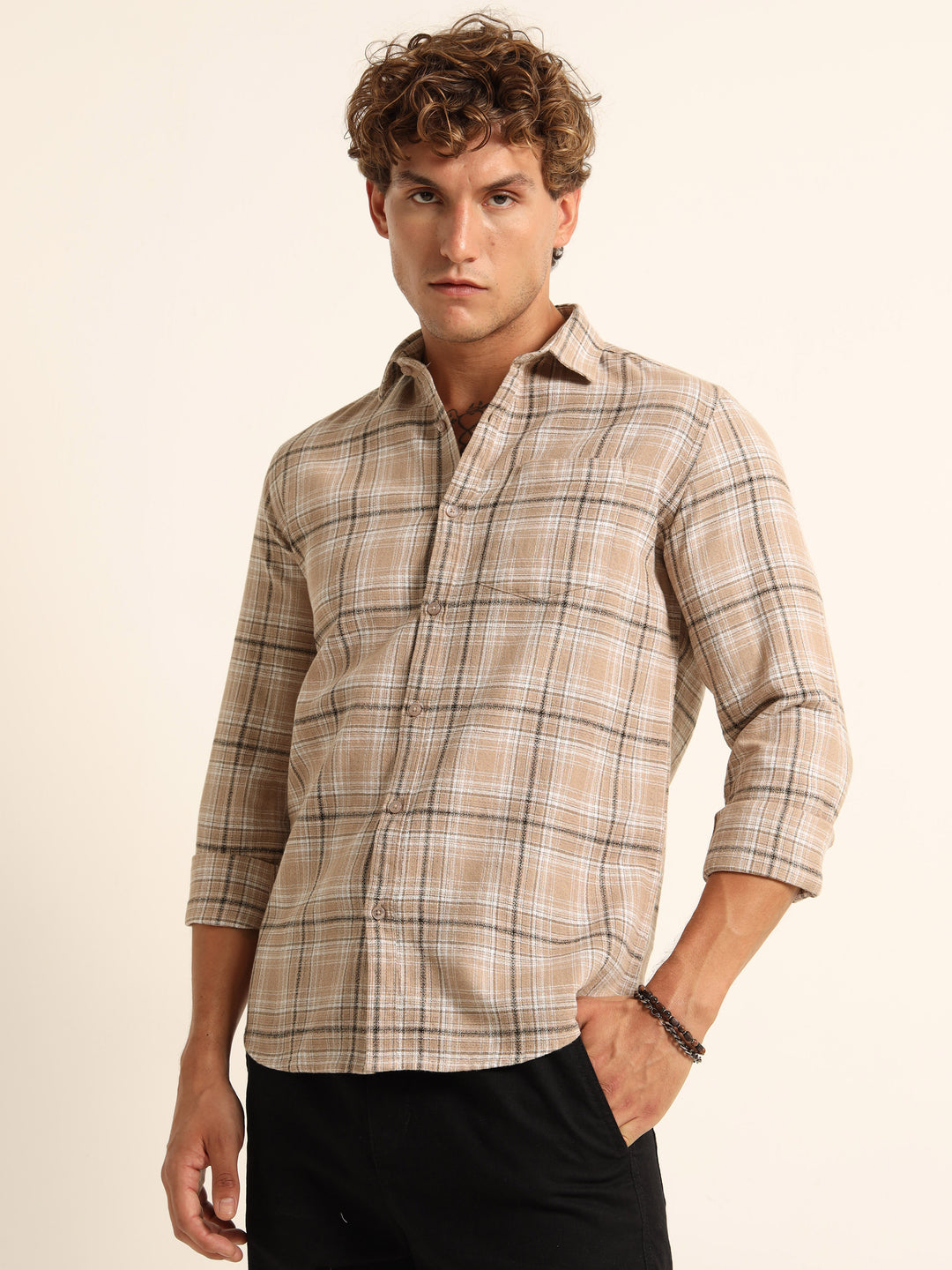 Beige Regular Fit Check Shirt Checks Shirt Bushirt