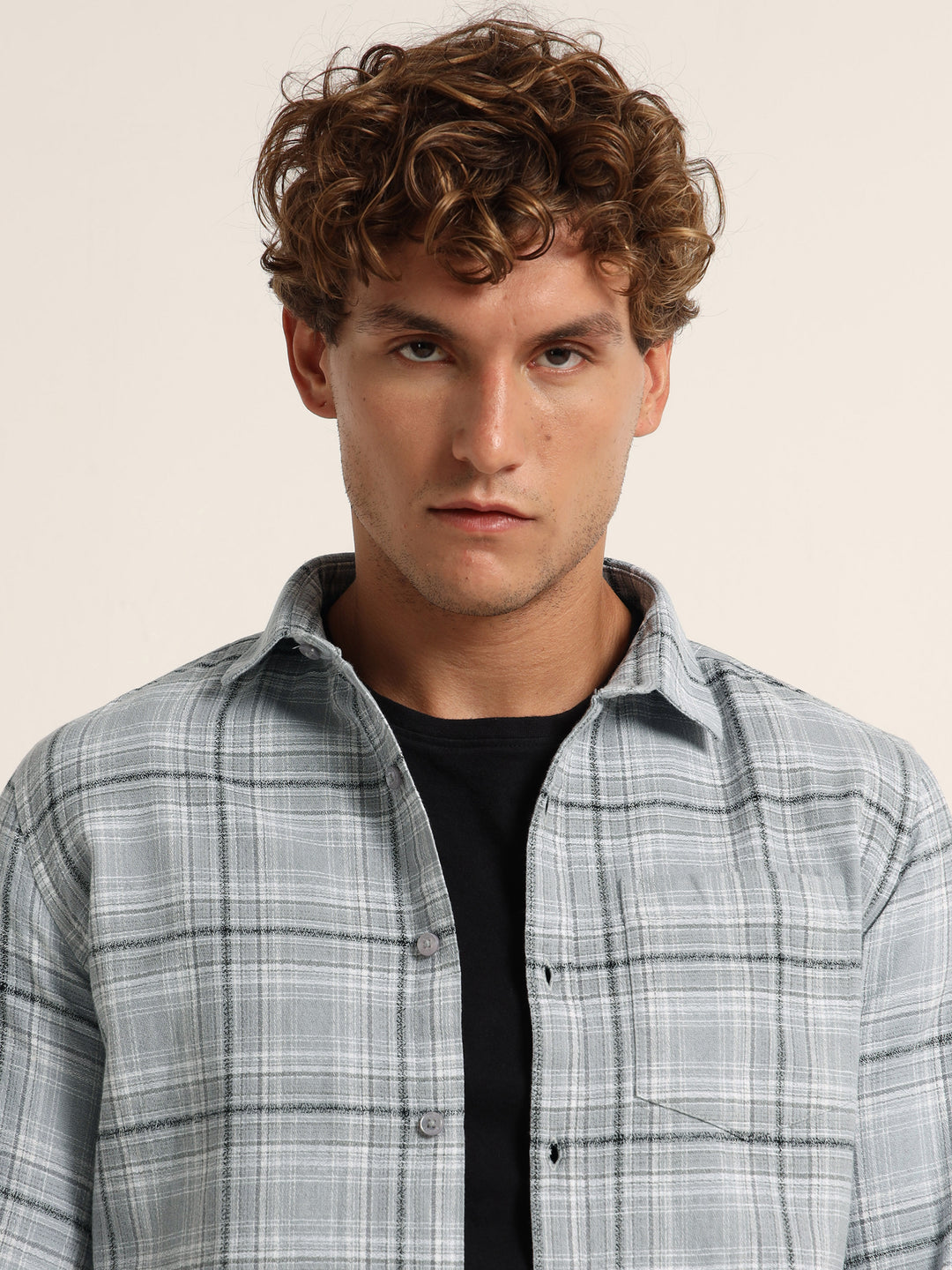 Pastel Grey Regular Fit Check Shirt Checks Shirt Bushirt