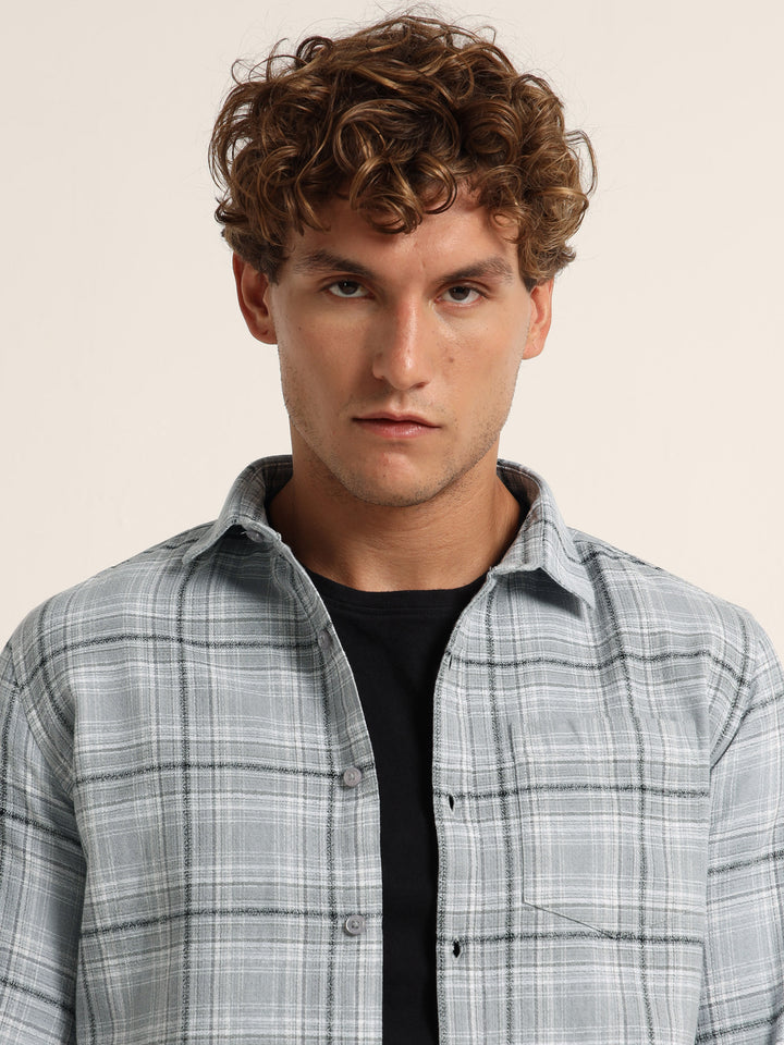 Pastel Grey Regular Fit Check Shirt Checks Shirt Bushirt