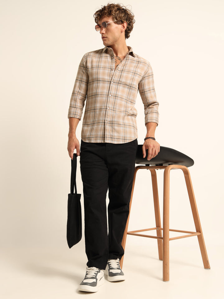 Beige Regular Fit Check Shirt Checks Shirt Bushirt