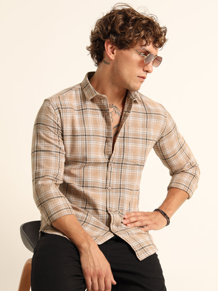 Beige Regular Fit Check Shirt Checks Shirt Bushirt