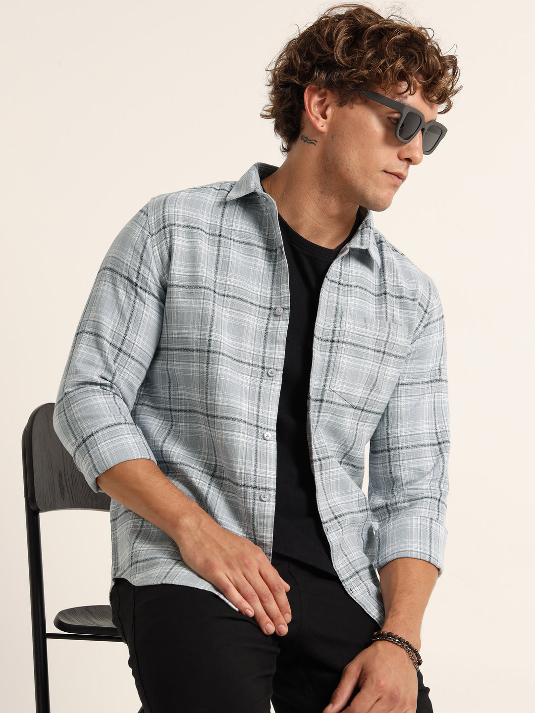Pastel Grey Regular Fit Check Shirt Checks Shirt Bushirt