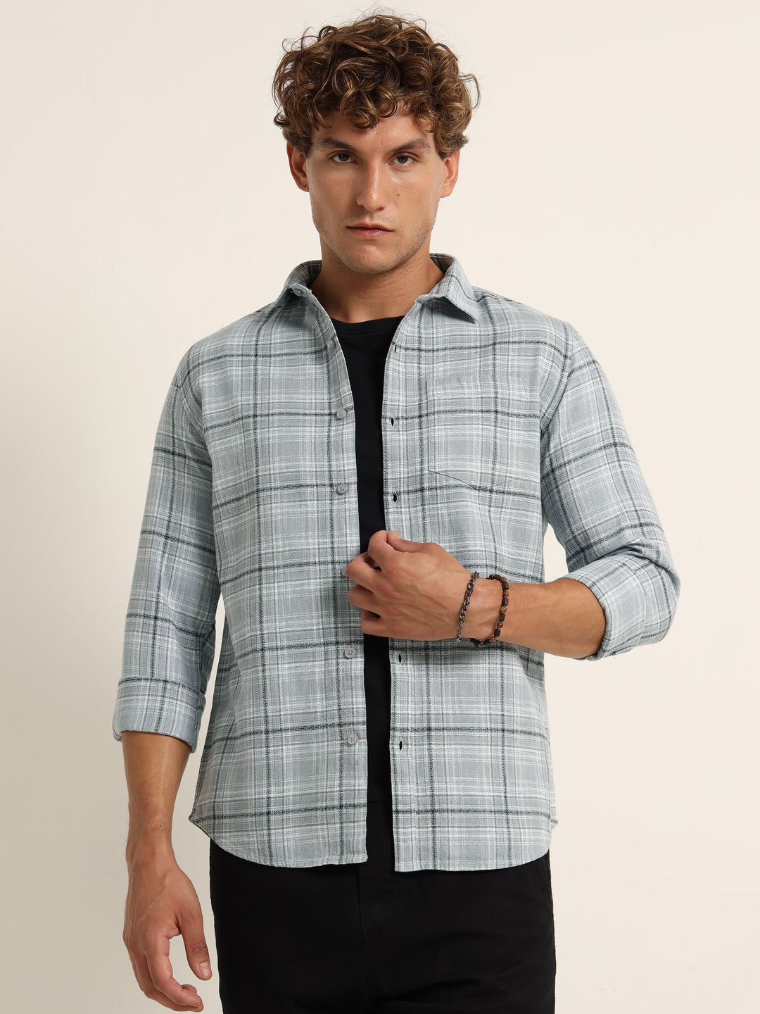 Pastel Grey Regular Fit Check Shirt Checks Shirt Bushirt