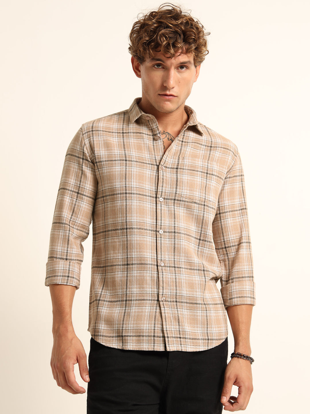 Beige Regular Fit Check Shirt Checks Shirt Bushirt