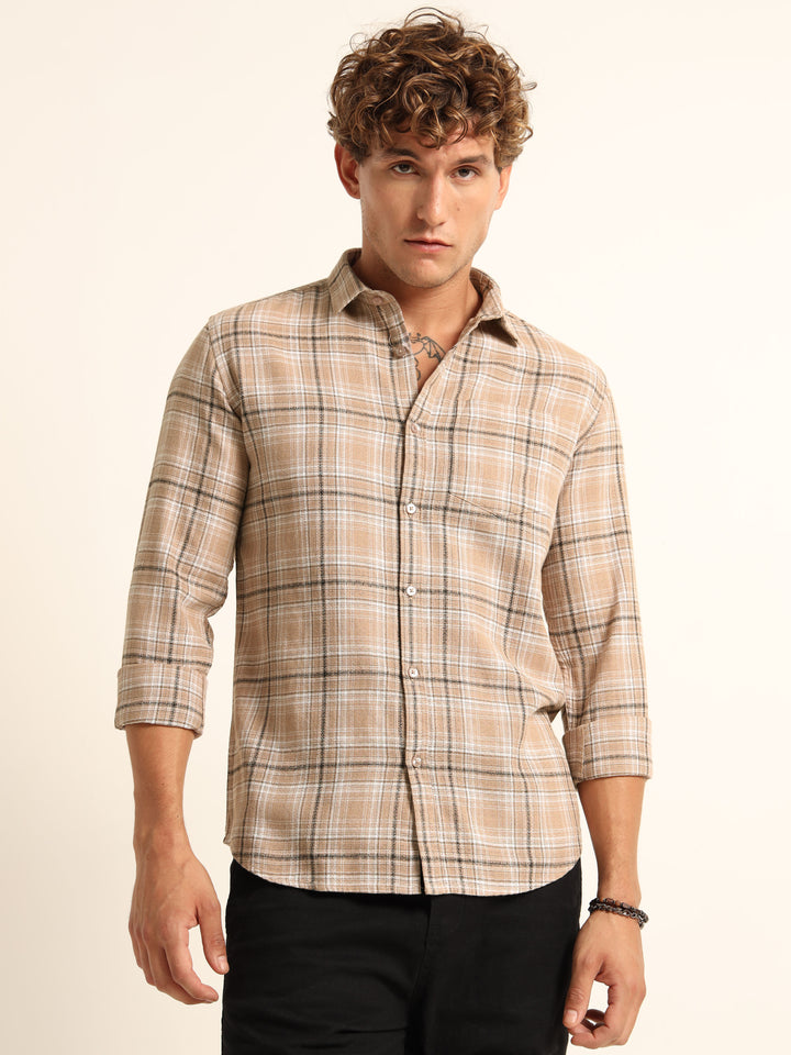Beige Regular Fit Check Shirt Checks Shirt Bushirt