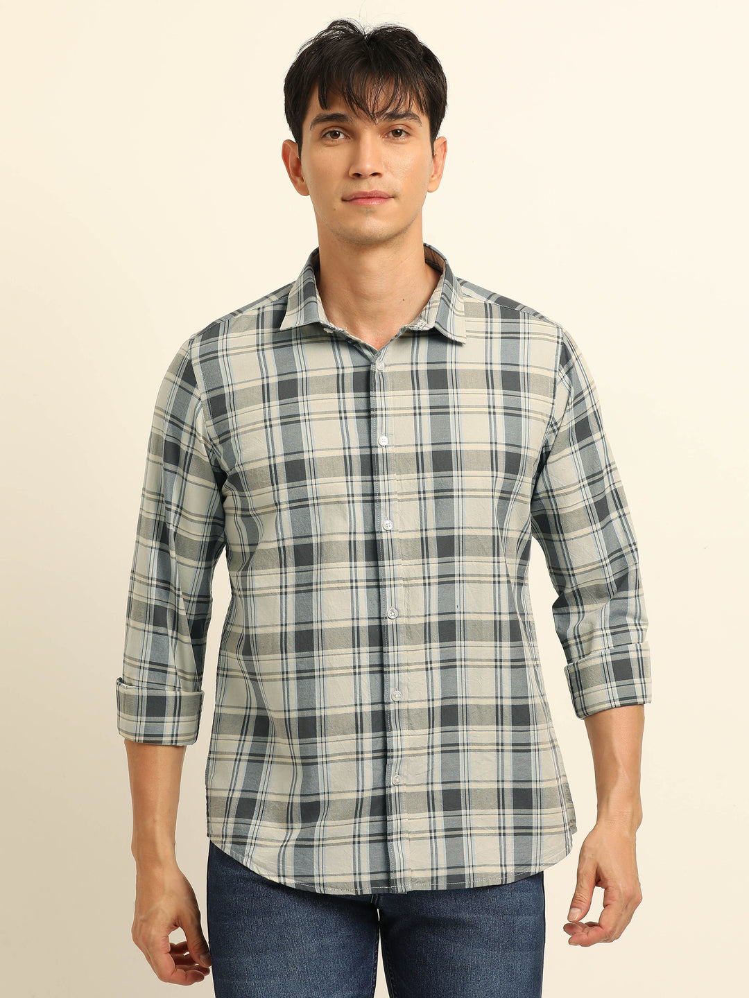 Cream Regular Fit Check Shirt Checks Shirt Bushirt