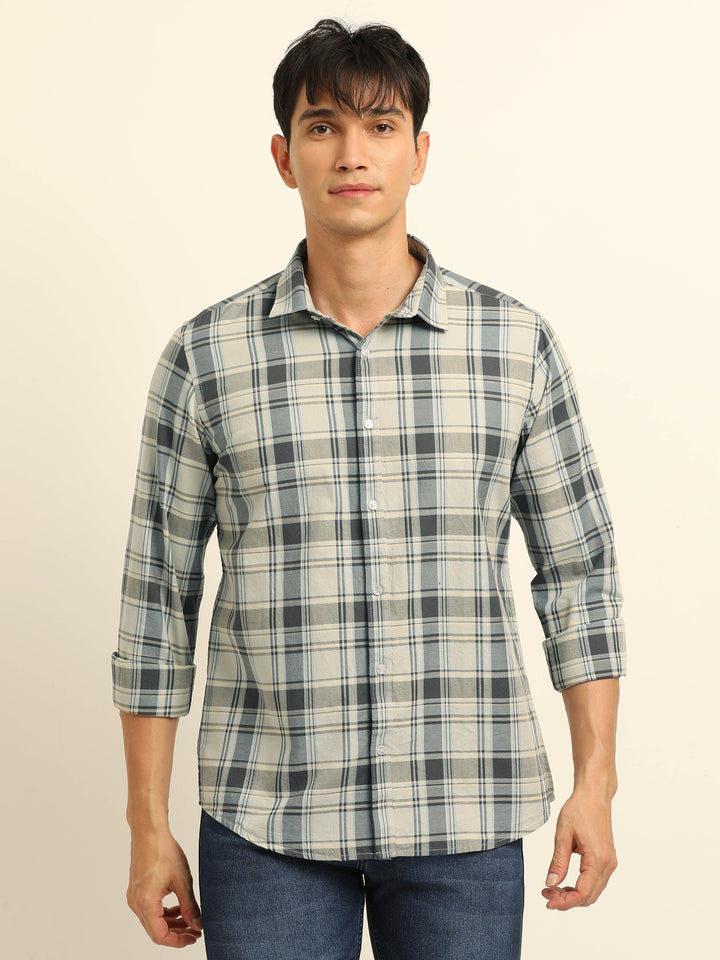 Cream Regular Fit Check Shirt Checks Shirt Bushirt