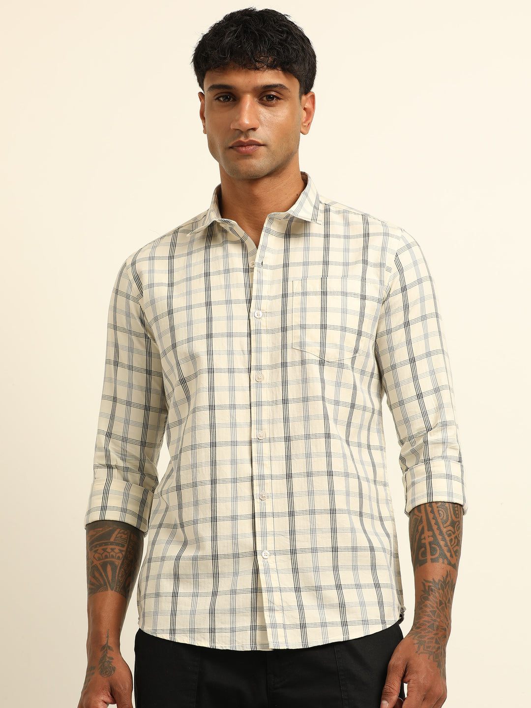 Cream Regular Fit Check Shirt Checks Shirt Bushirt