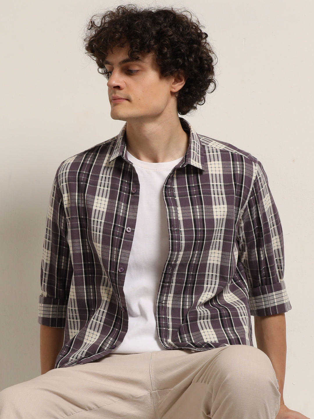 Purple Regular Fit Check Shirt Bushirt