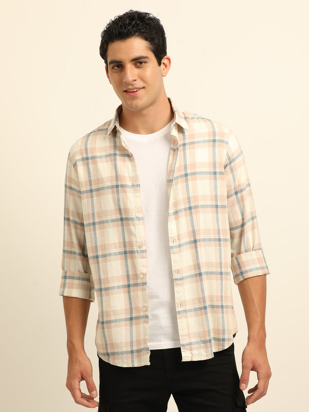 Cream Regular Fit Check Shirt Checks Shirt Bushirt