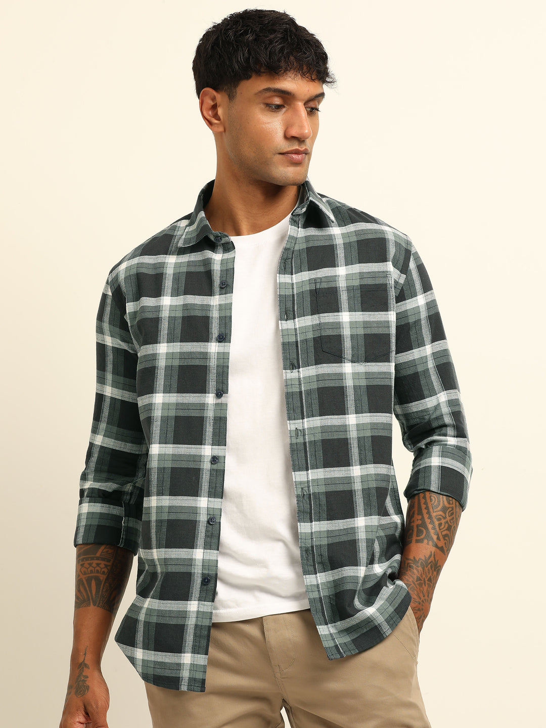 Dark Grey Regular Fit Check Shirt Checks Shirt Bushirt