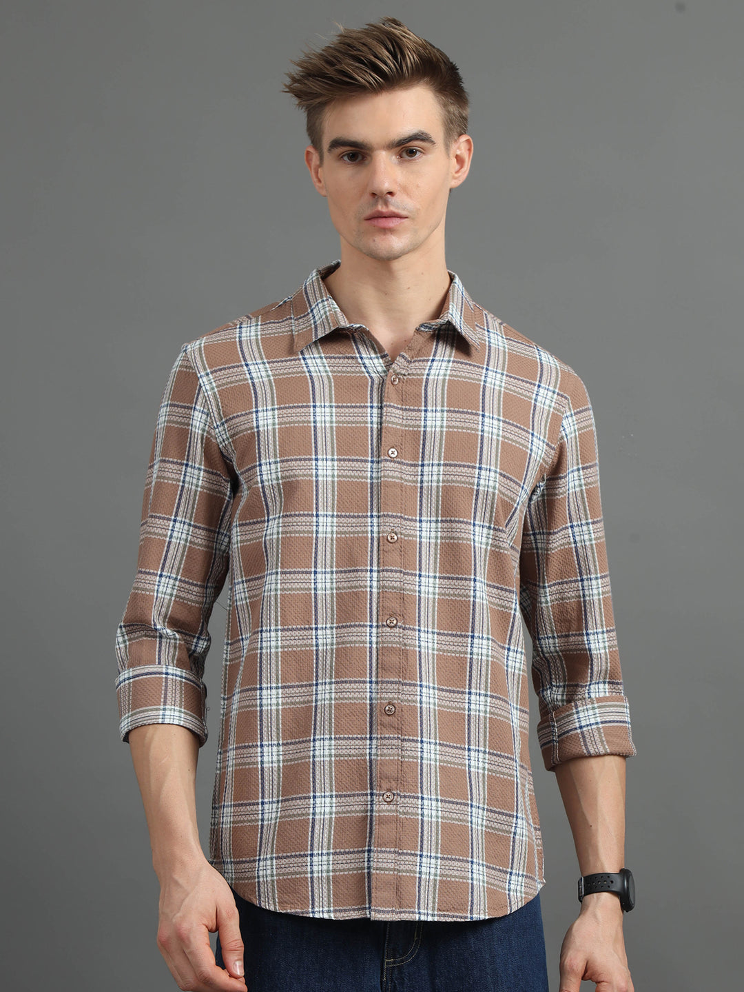 Tonal Tuscan Brown Checked Shirt Checks Shirt Bushirt   