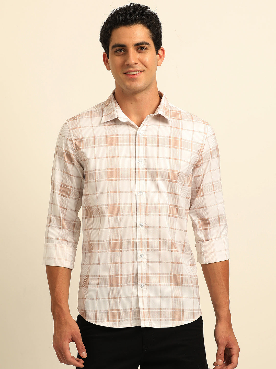 Tan Regular Fit Check Shirt Checks Shirt Bushirt