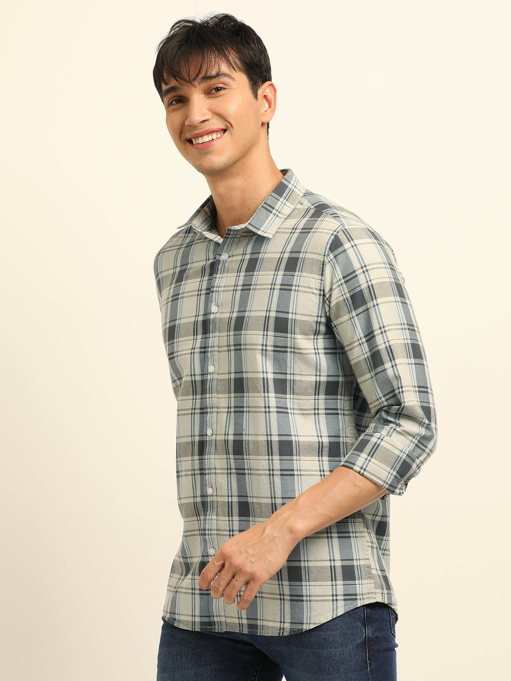 Cream Regular Fit Check Shirt Checks Shirt Bushirt