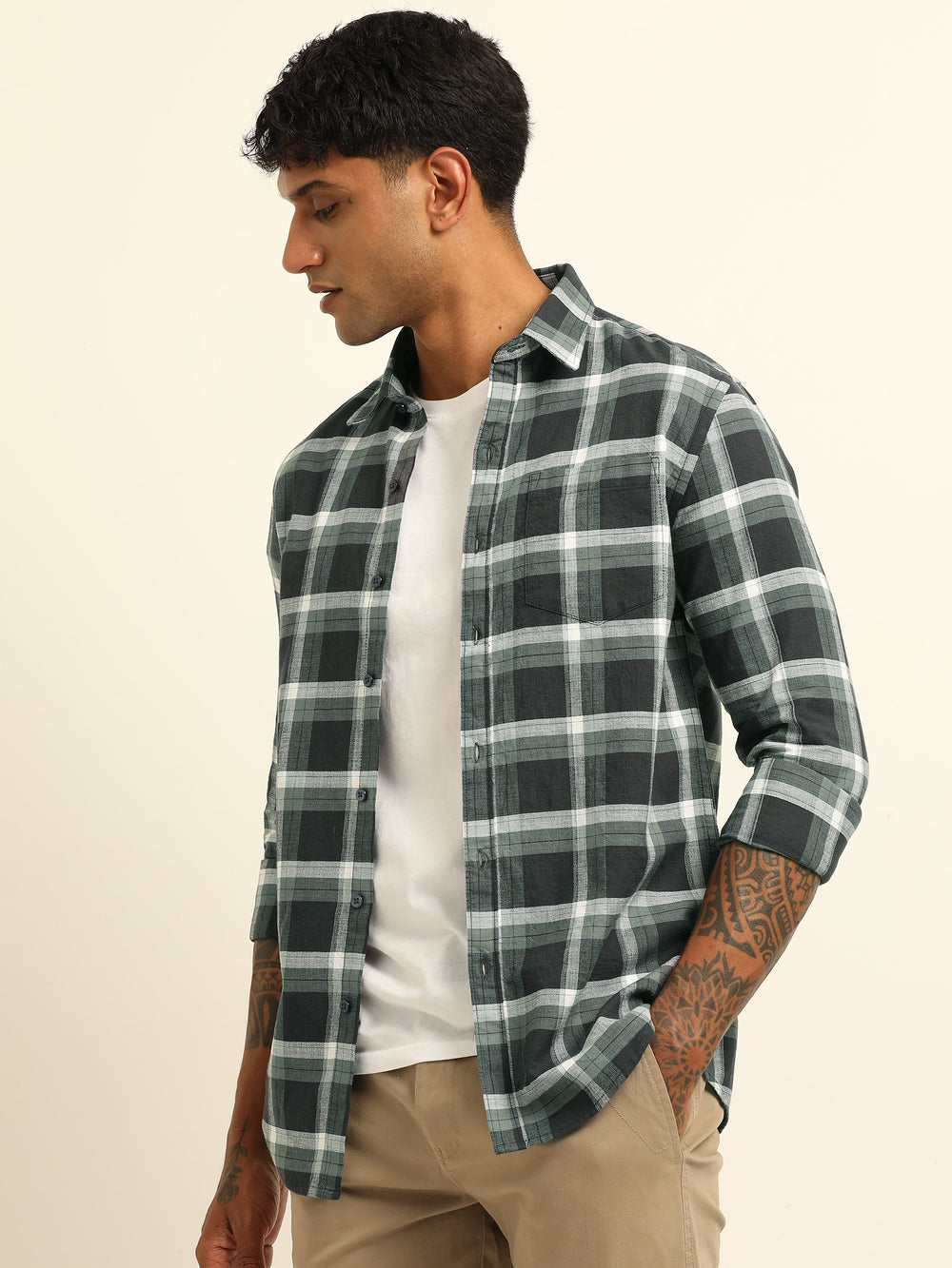 Dark Grey Regular Fit Check Shirt Checks Shirt Bushirt