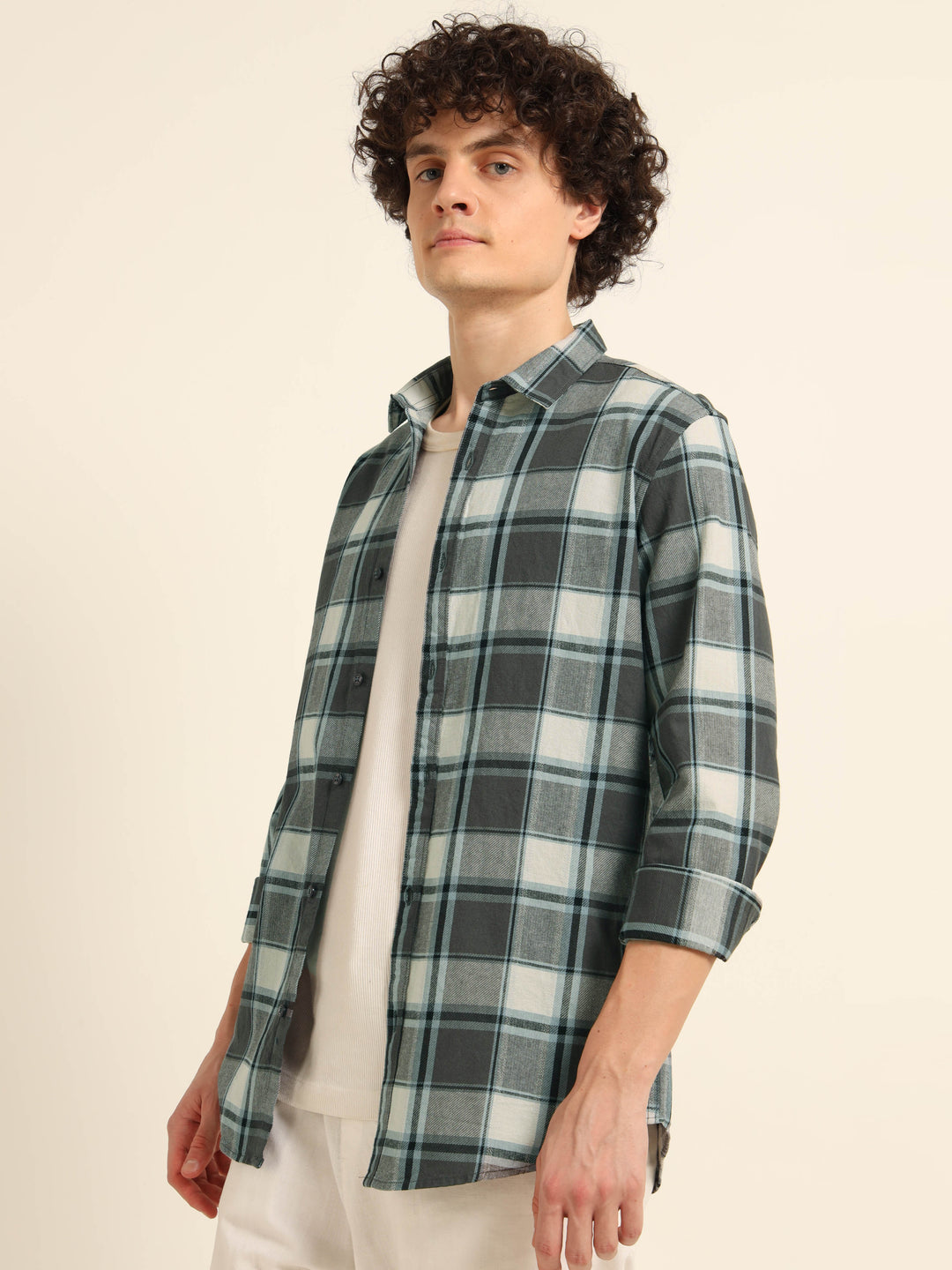 Stone Grey Check Regular Fit Shirt Checks Shirt Bushirt