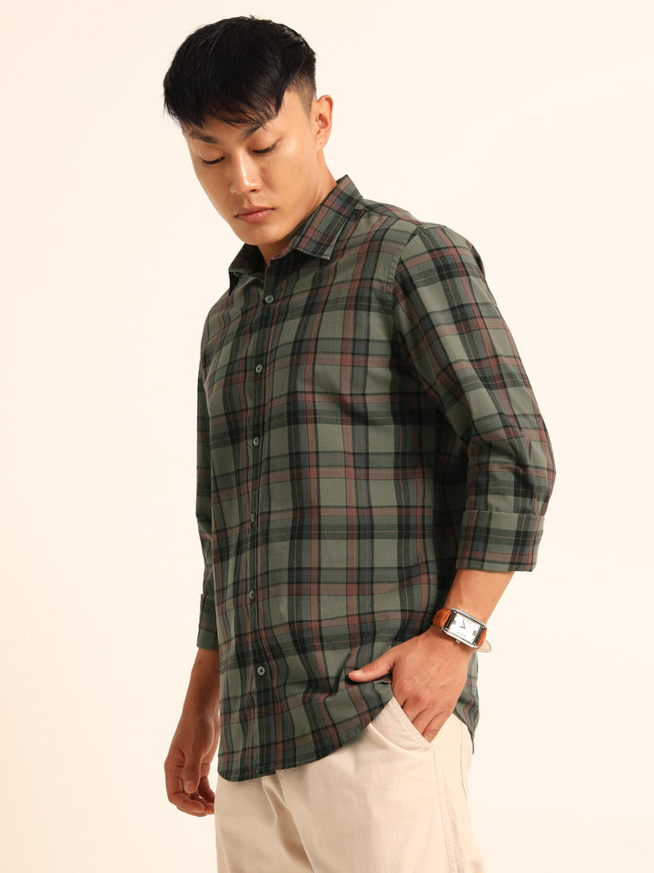 Rifle Green Regular Fit Check Shirt Chinos Bushirt