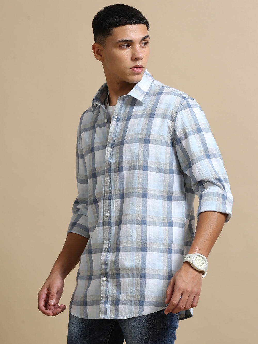 Light Blue Checks Regular Fit Shirt Checks Shirt Bushirt