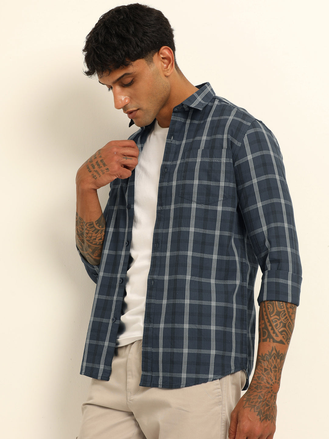 Dark Grey Regular Fit Check Shirt Checks Shirt Bushirt