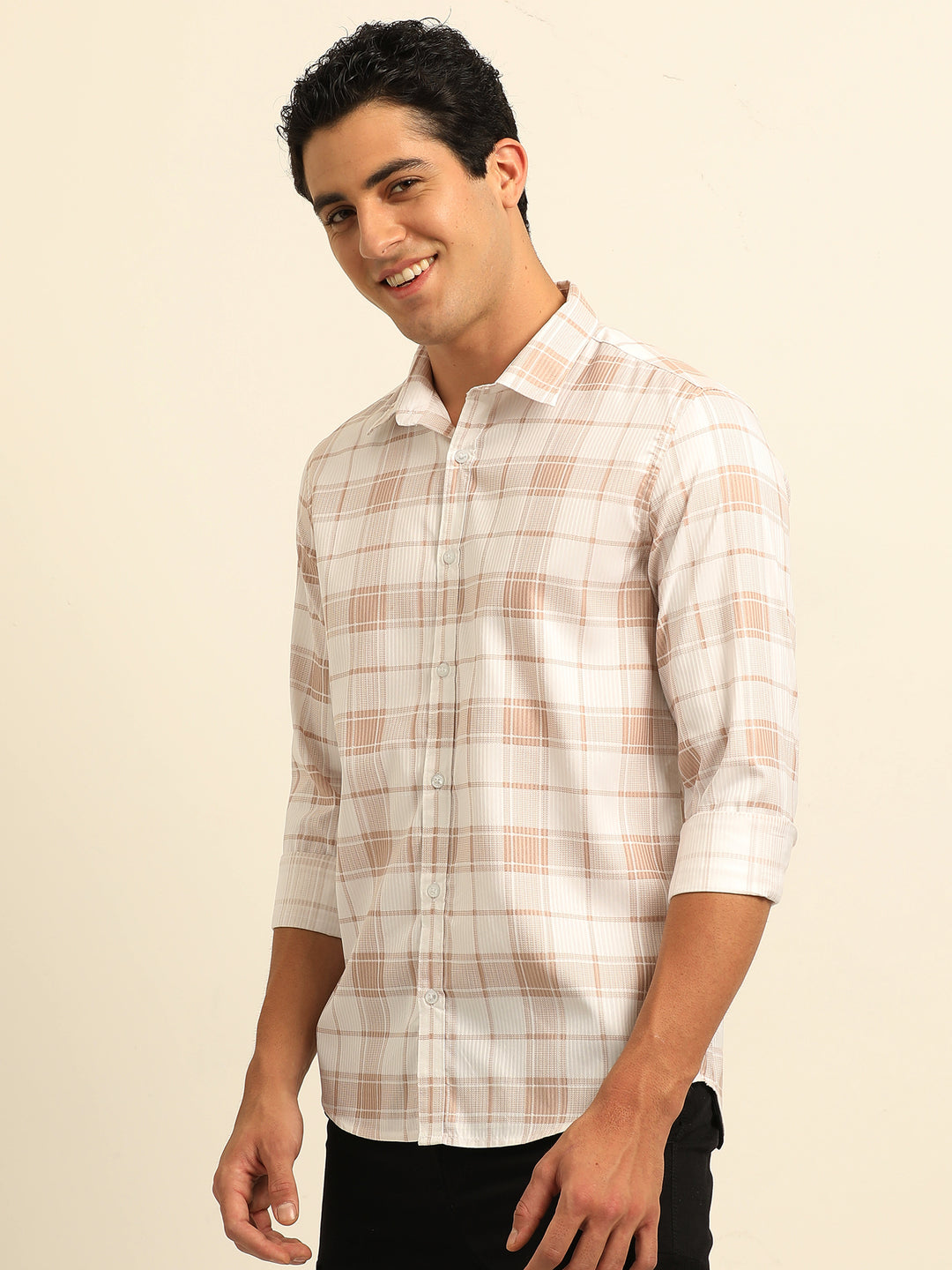 Tan Regular Fit Check Shirt Checks Shirt Bushirt