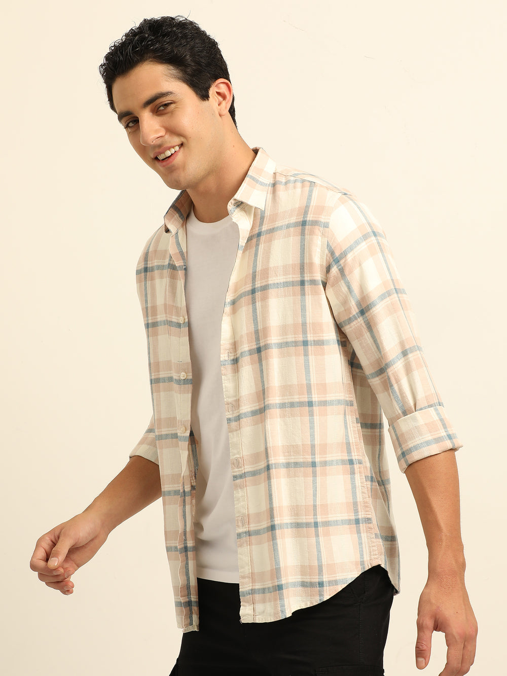 Cream Regular Fit Check Shirt Checks Shirt Bushirt