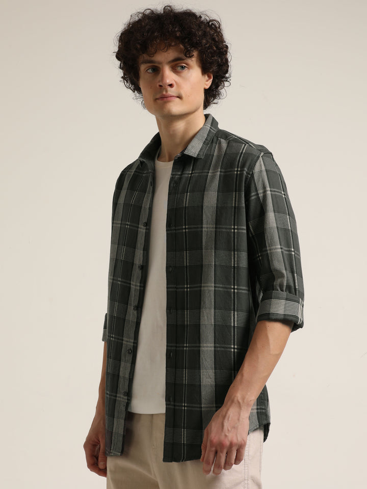Dark Grey Regular Fit Check Shirt Checks Shirt Bushirt