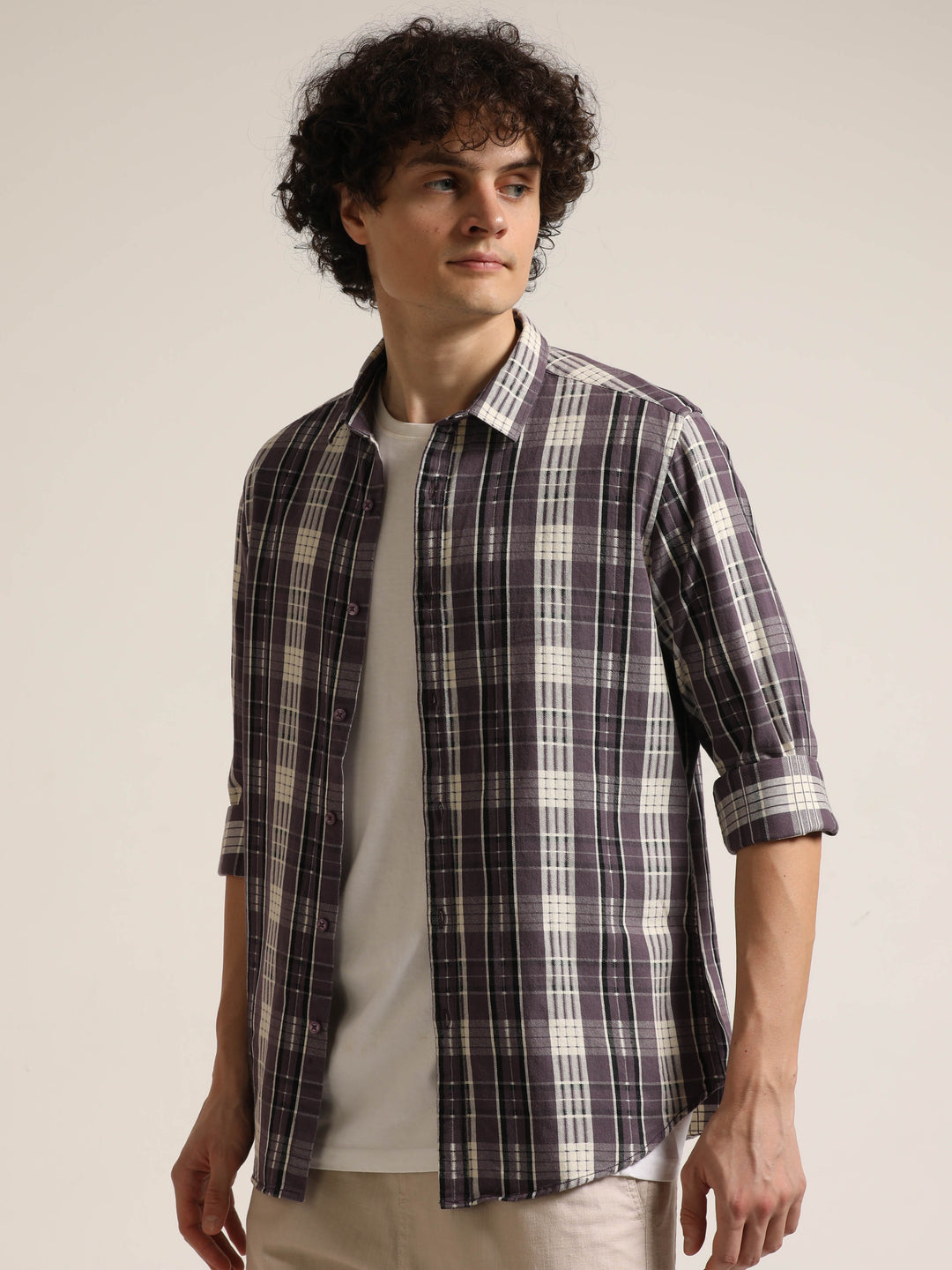 Purple Regular Fit Check Shirt Bushirt