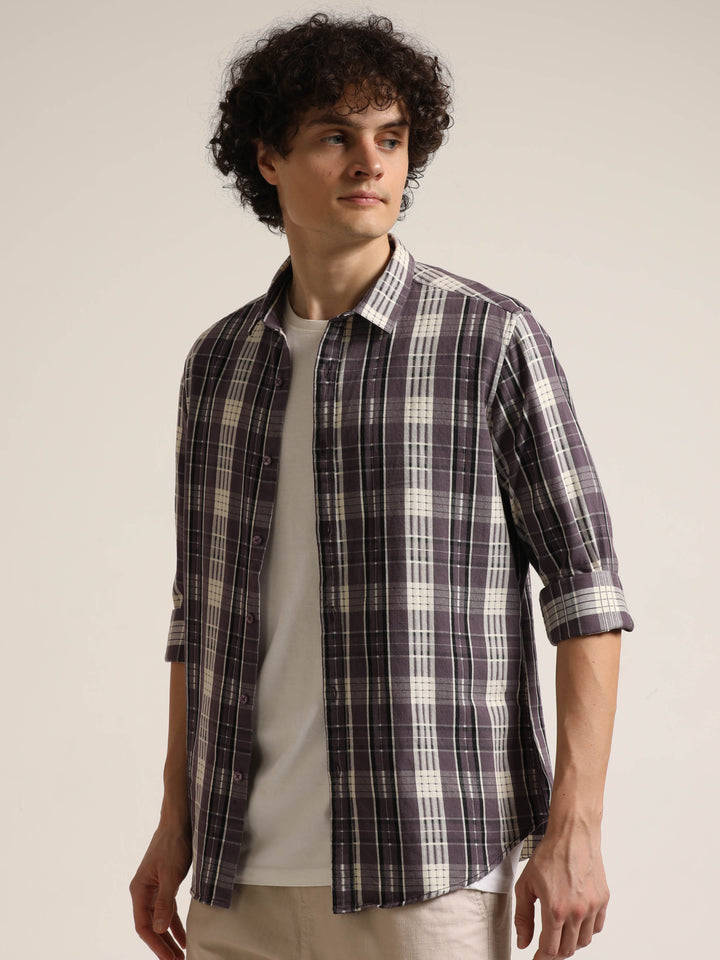 Purple Regular Fit Check Shirt Bushirt