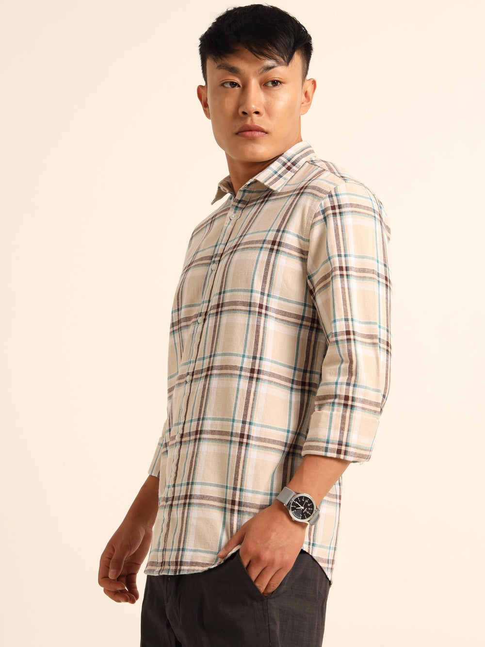 Beige Regular Fit Check Shirt Checks Shirt Bushirt