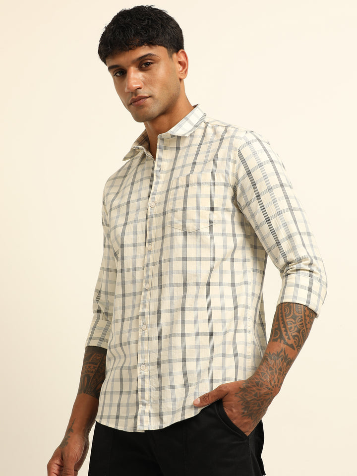 Cream Regular Fit Check Shirt Checks Shirt Bushirt