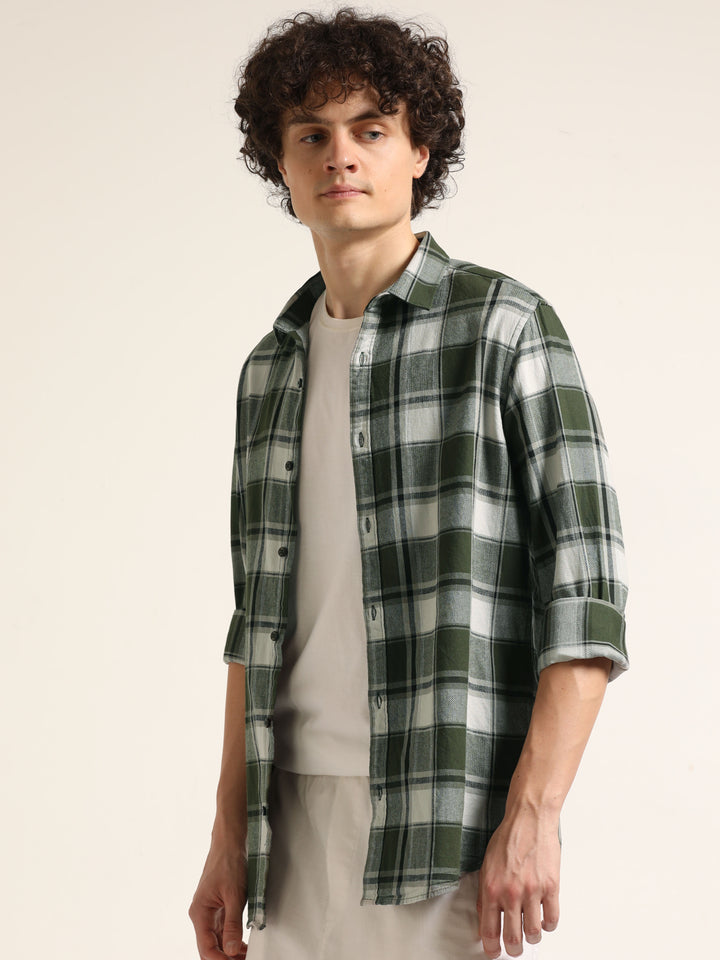 Olive Checks Regular Fit Shirt Checks Shirt Bushirt