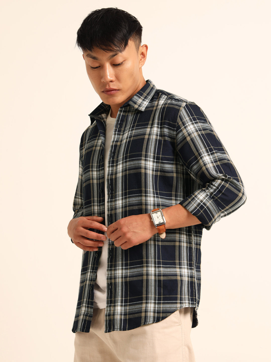 Navy Blue Regular Fit Check Shirt Checks Shirt Bushirt