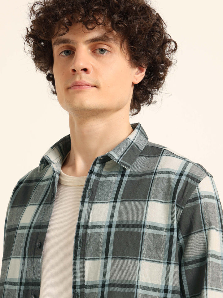Stone Grey Check Regular Fit Shirt Checks Shirt Bushirt