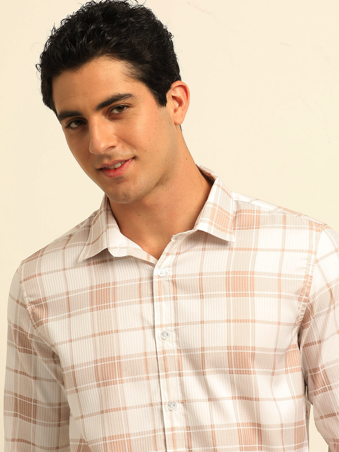 Tan Regular Fit Check Shirt Checks Shirt Bushirt