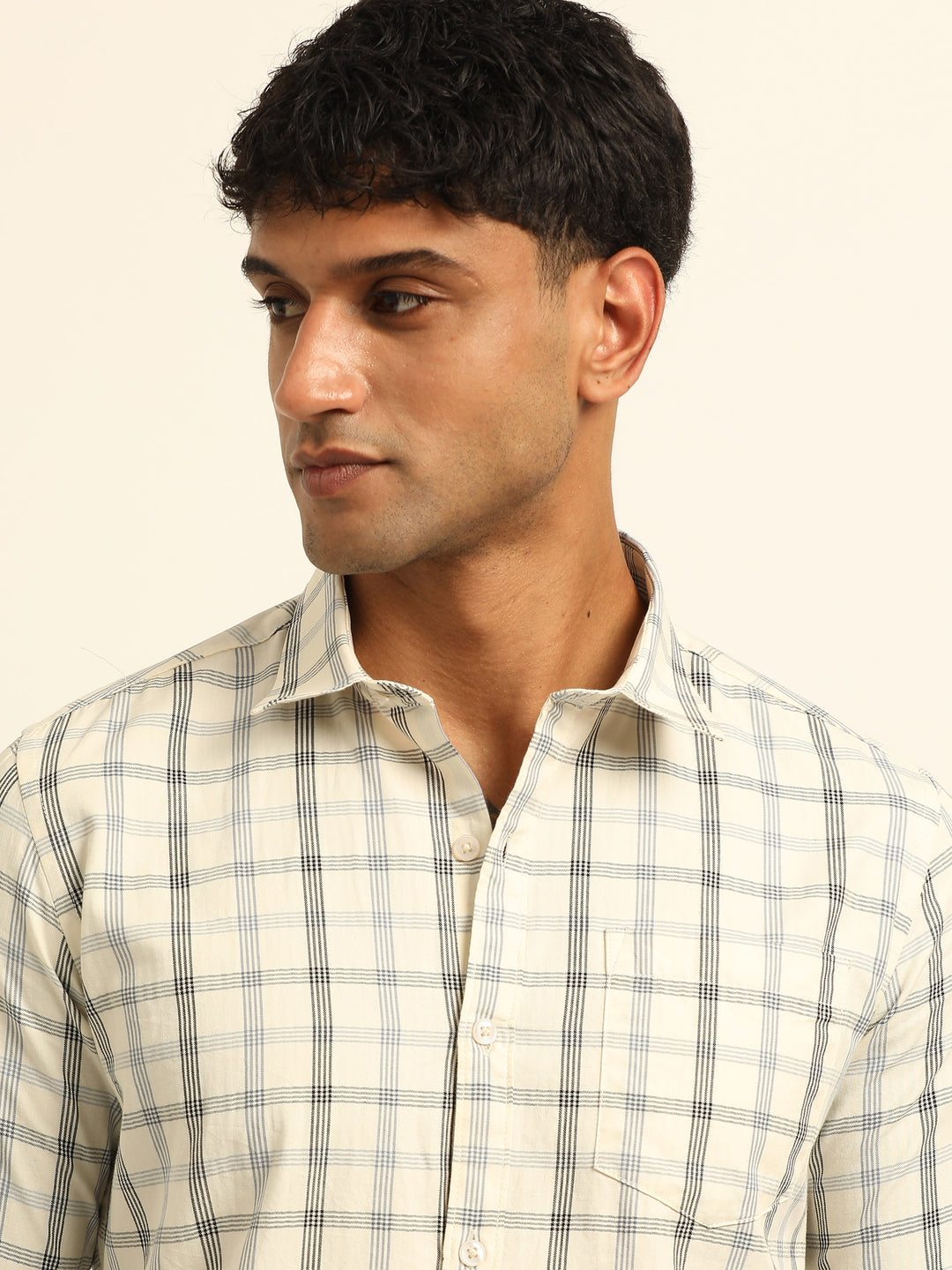 Cream Regular Fit Check Shirt Checks Shirt Bushirt