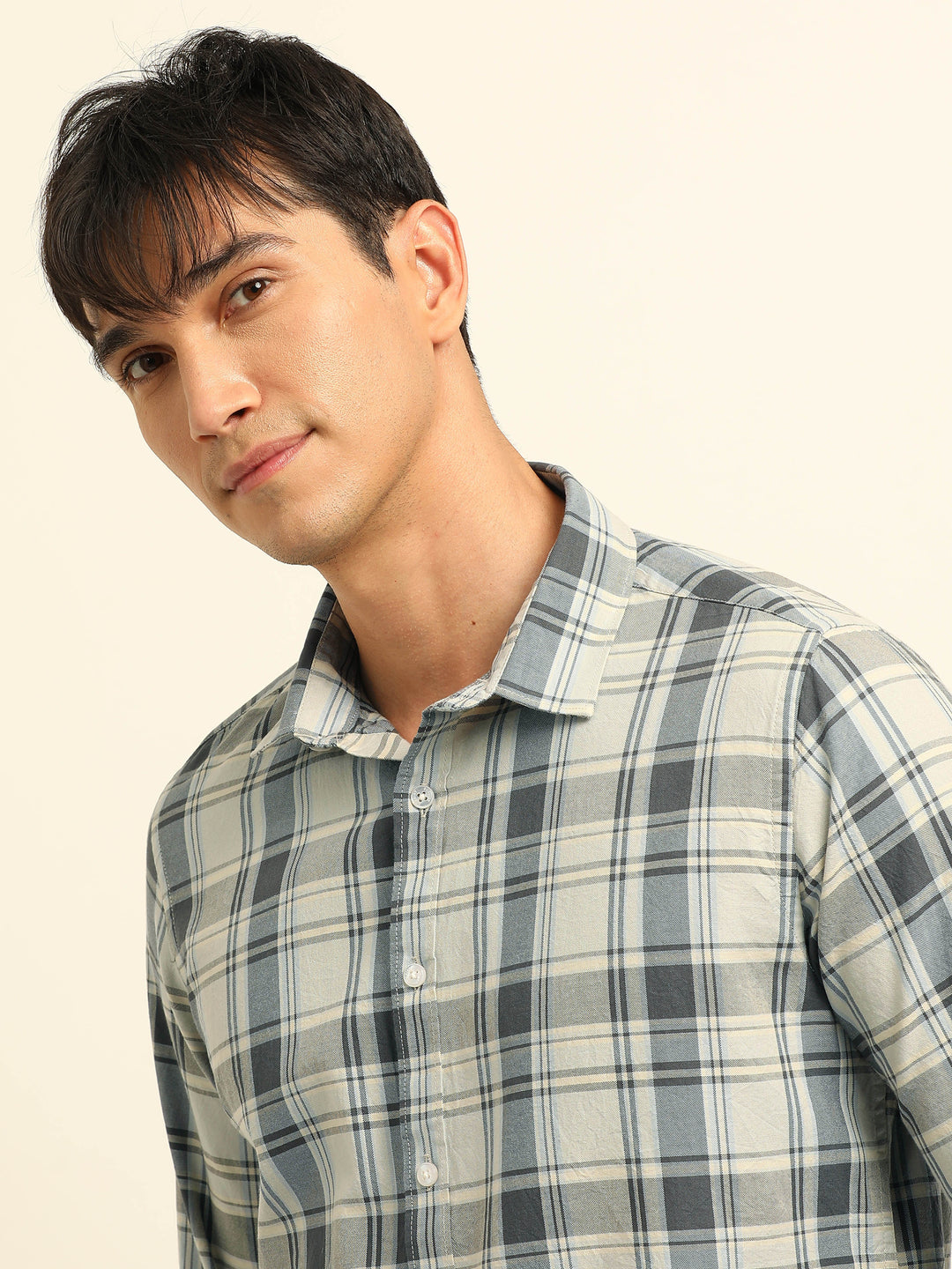 Cream Regular Fit Check Shirt Checks Shirt Bushirt