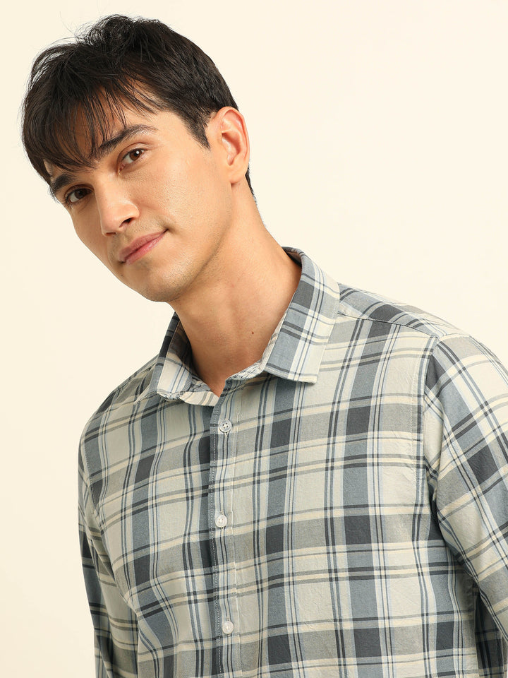 Cream Regular Fit Check Shirt Checks Shirt Bushirt