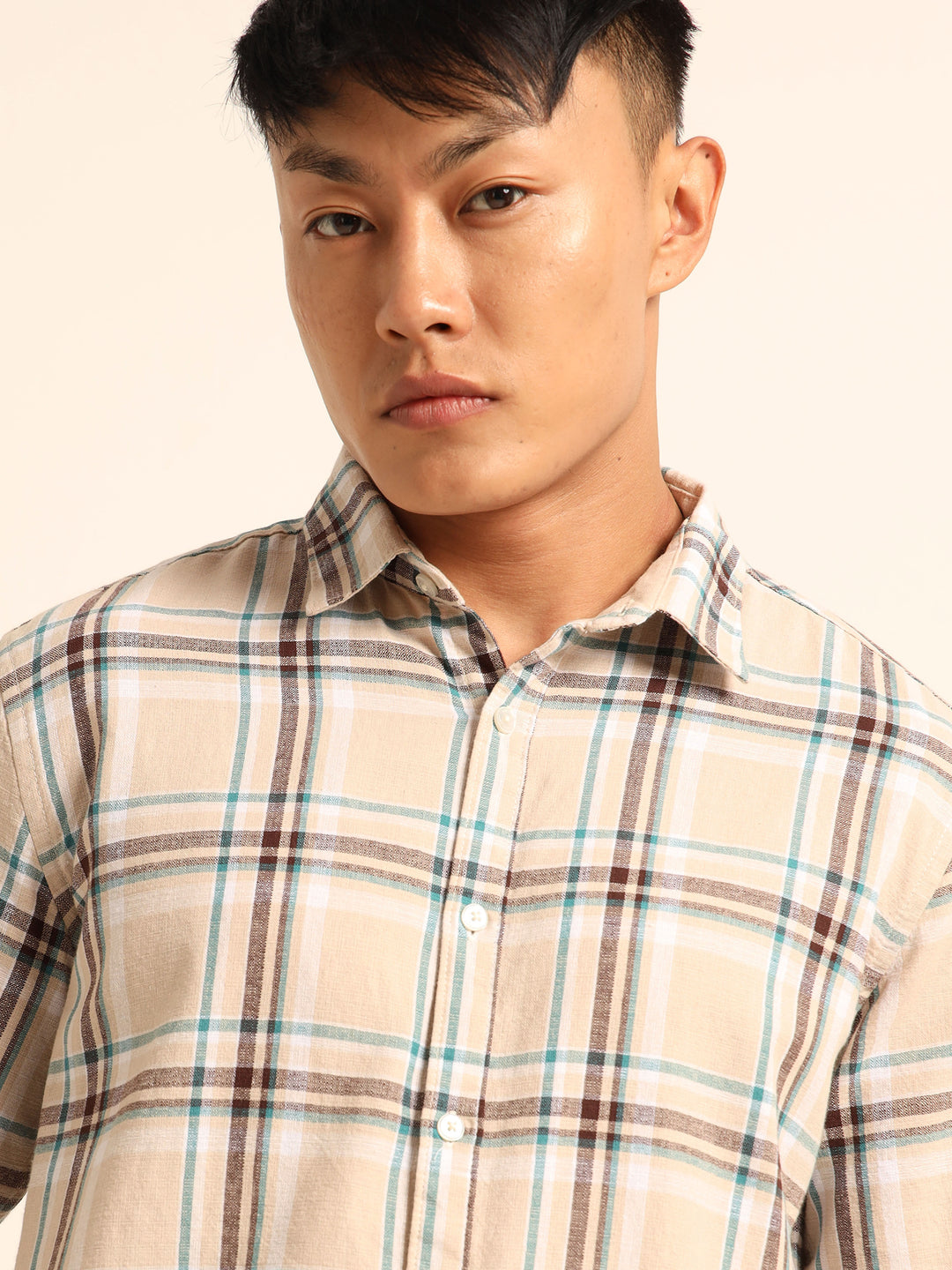 Beige Regular Fit Check Shirt Checks Shirt Bushirt