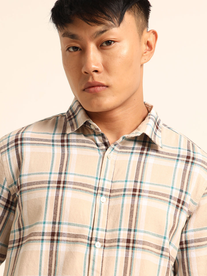 Beige Regular Fit Check Shirt Checks Shirt Bushirt