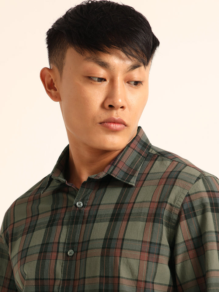 Rifle Green Regular Fit Check Shirt Chinos Bushirt